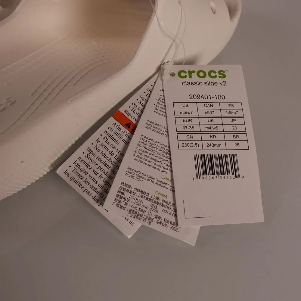 Crocs Classic Slide V2 White Size Mens 5 Womens 7 Shoes 209401-100 NWT